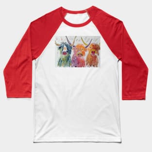 Three funny colourful Highland Cows Baseball T-Shirt